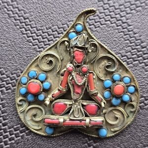 ​Rare Vintage Tibetan Deity Brooch with Natural Turquoise & Coral